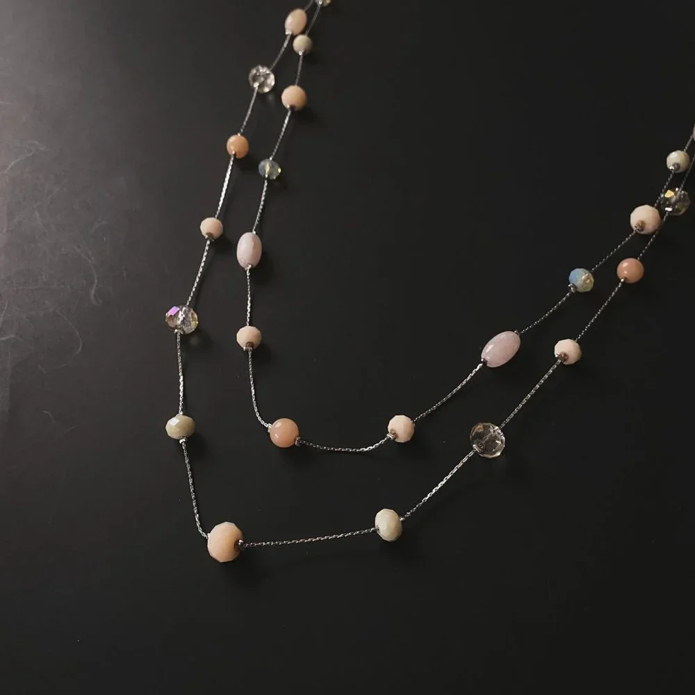 38" LOFT Pastel Pink Champagne Beaded Silver Chain Boho Double Strand Necklace - Picture 4 of 11